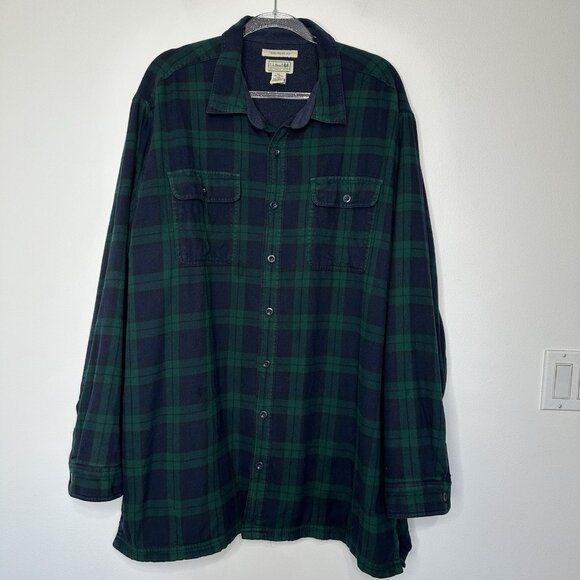 LL Bean Fleece Lined Flannel Shirt Mens 2XL Tall Blackwatch Plaid - Picture 1 of 8